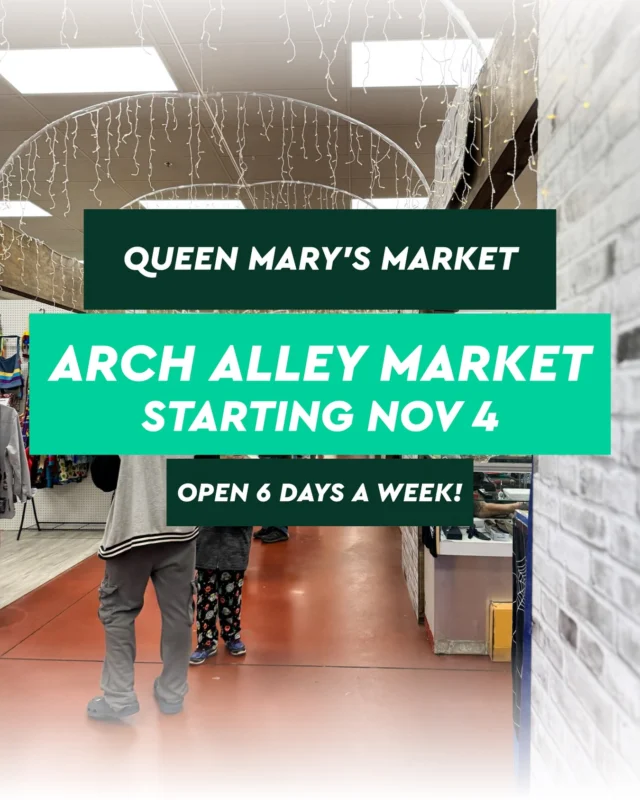 Exciting news at Queen Mary’s Market!

Introducing Arch Alley Market — where some of your favourite market vendors are now open 6 days a week with MORE joining soon! 

Starting November 4th, you can visit select vendors Tuesday–Friday from 11:00am–8:00pm — just come through Entrance 1 to access the new Arch Alley Market!

Arch Alley Market Vendors 👇

• Rival Burger @rivalburgers 
• Canadian Ink @canadian_ink_studios 
• Hightop Blocks @hightopblocks 
• Kit Bunker @thekitbunker 
• 3D Printing Duo @3dprintingduo 
• Enchanted Emporium @enchanted.emporium.ink 
• Art by JF Tolley @busty_laroo 
• Wheel & Deal Collectables @wd__collectables 
 
Don’t wait for the weekend to shop your favourites — swing by during the week, explore the arches, and enjoy a whole new Queen Mary’s Market experience!

#yeg #yegmarket #yeglocal #yegbusiness #edmonton