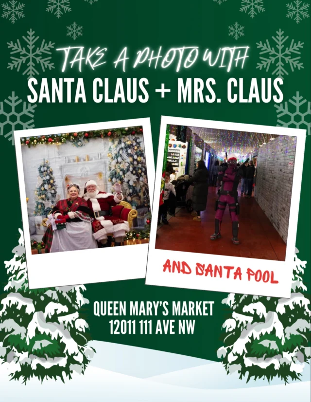 Santa Claus, Mrs Claus, and Santa Pool are coming to Queen Mary’s Market for three festive weekends.

You can catch them from 12 to 5 pm:

Weekend 1: December 6 and 7
Weekend 2: December 13 and 14
Weekend 3: December 20 and 21 with special guest Evergreen Frostylocks! 🧝‍♀️

Bring the kids and the whole family for photos and soak up the holiday spirit while you shop for Christmas goodies at the market. 

12011 111 AVE NW 📍

#yeg #yegchristmasmarket #yegchristmas #yegmarket #yegbusiness