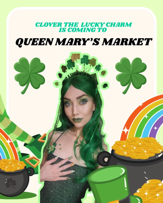 🍀 St. Patrick’s Day Weekend at Queen Mary’s Market! 🍀

Clover the Lucky Charm will be here taking photos all weekend from 12-5pm Saturday & Sunday! 📸 Stop by Queen Mary’s Market and grab a picture with Clover while you’re here. Don’t miss the St. Paddy’s fun! 💚🍀