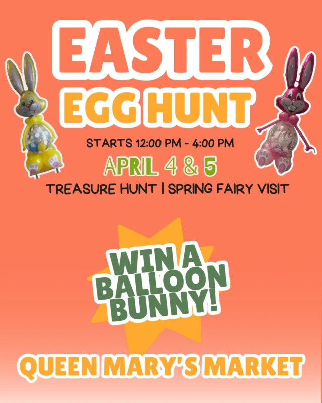 NEXT WEEKEND! 🐣 

Read the clues, find the eggs hidden around the market, complete the hunt and you could take home a balloon bunny! 🐰 

Join us Saturday & Sunday from 12–4pm for our Easter Scavenger Hunt—LIMITED bunnies, so hop to it!

Sapphire Water Crystal The Bubble Fairy will also be at the market taking photos on Sunday! Bring the whole family!